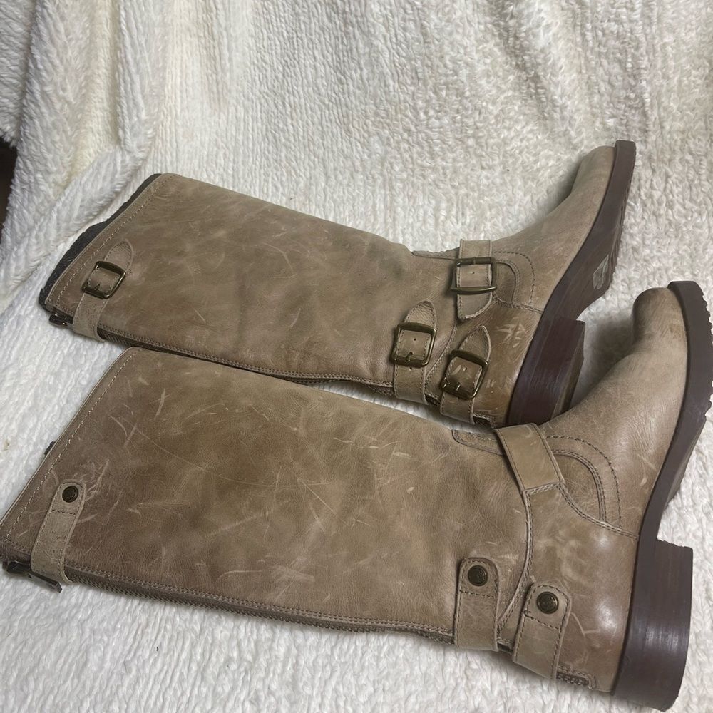 Arturo Chiang Ella distressed leather khaki riding boots SZ8.5M - Picture 6 of 10